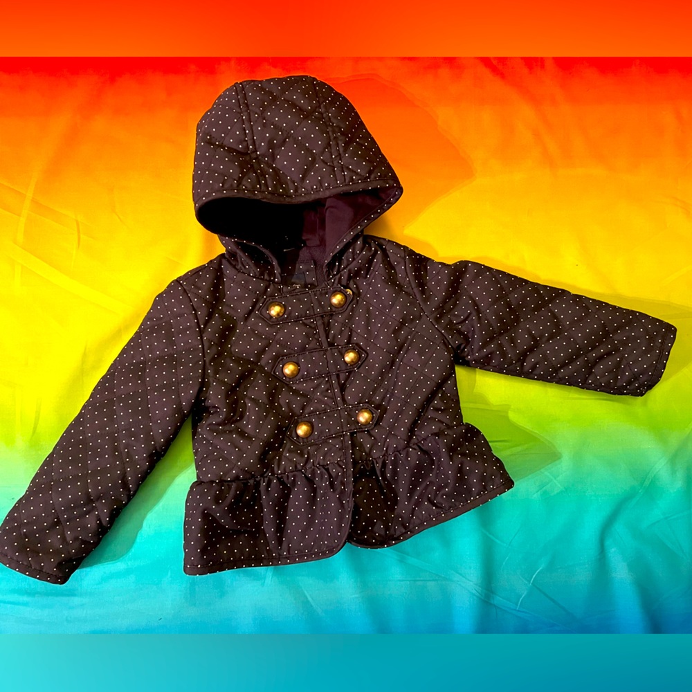Cute black and white polka dot hooded military gold button warm Gap jacket 3T